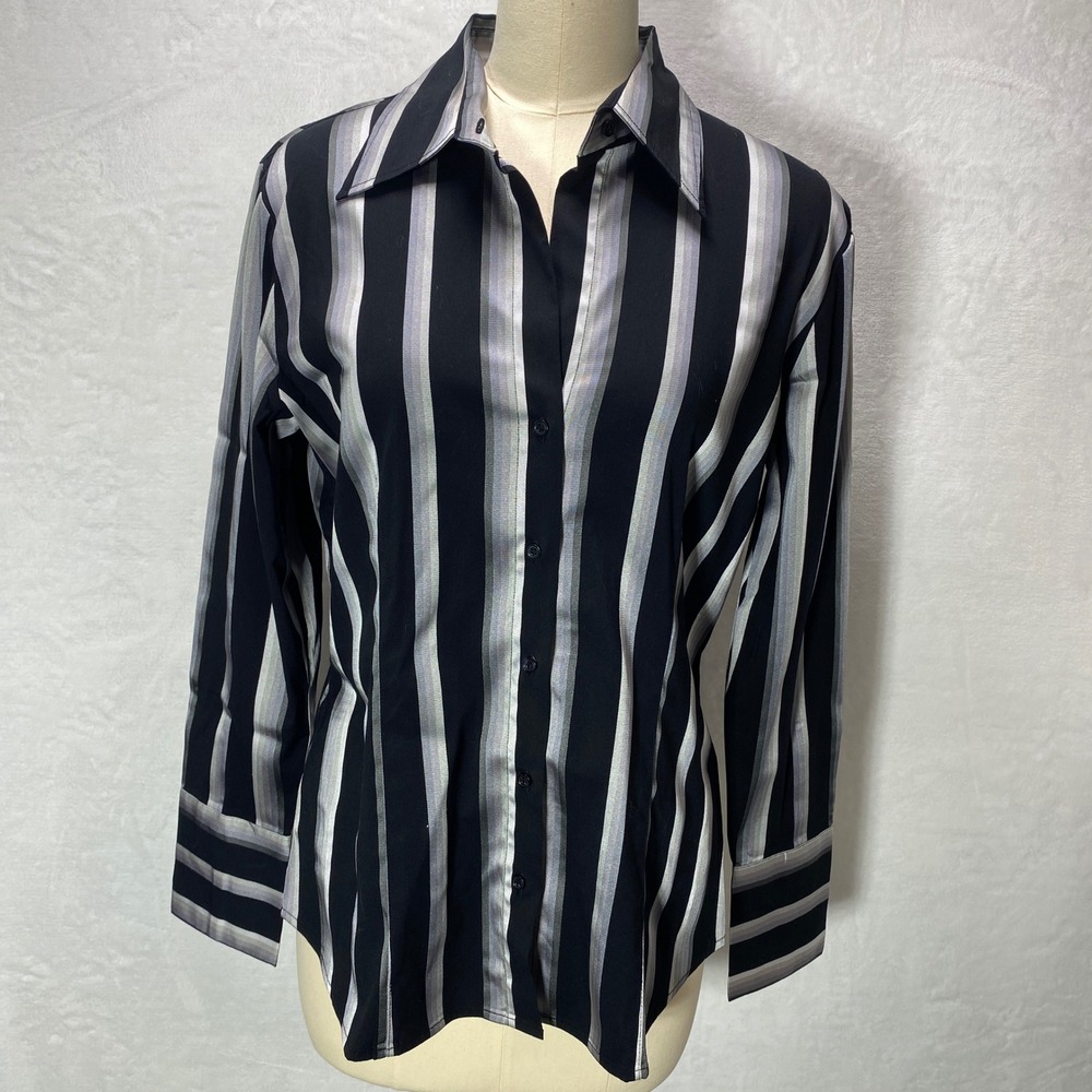 NEW YORK COMPANY Womens L Striped Metallic Shimmer Shirt Black Silver Office
